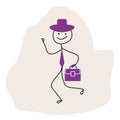 Happy stick man in a hat, tie and carrying a briefcase hurries